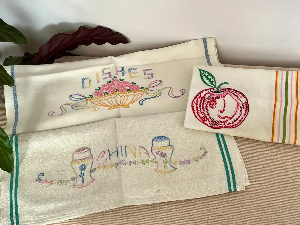Vintage Petit Point Linen Dish Towels Hand Embroidered Kitchen Pair Set of 2